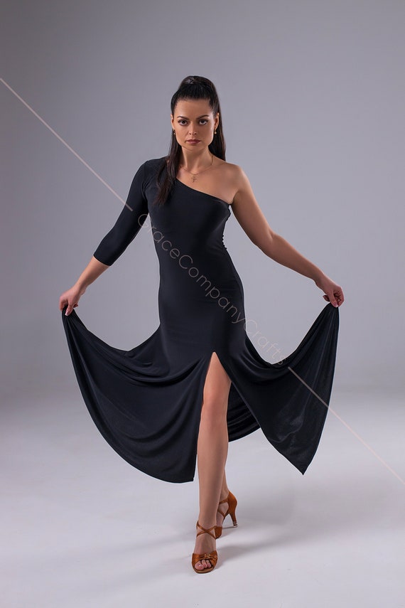 Black Tango Dress With a High Slit. One Shoulder Dance Dress. One Sleeve  Dress -  Norway