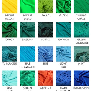 May include: A color chart of fabric swatches showing different shades of green, blue, brown, yellow, orange, gray, and black.