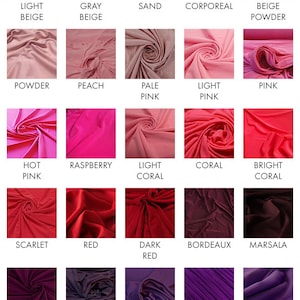 May include: A color chart of fabric swatches showing different shades of white, beige, pink, coral, red, purple, and lilac.