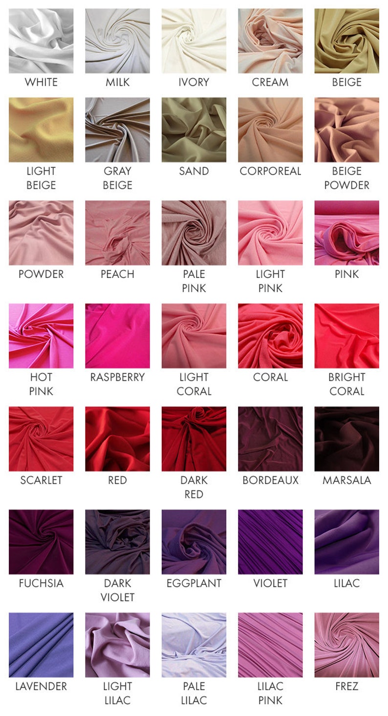 May include: A color chart of fabric swatches showing different shades of white, beige, pink, coral, red, purple, and lilac.