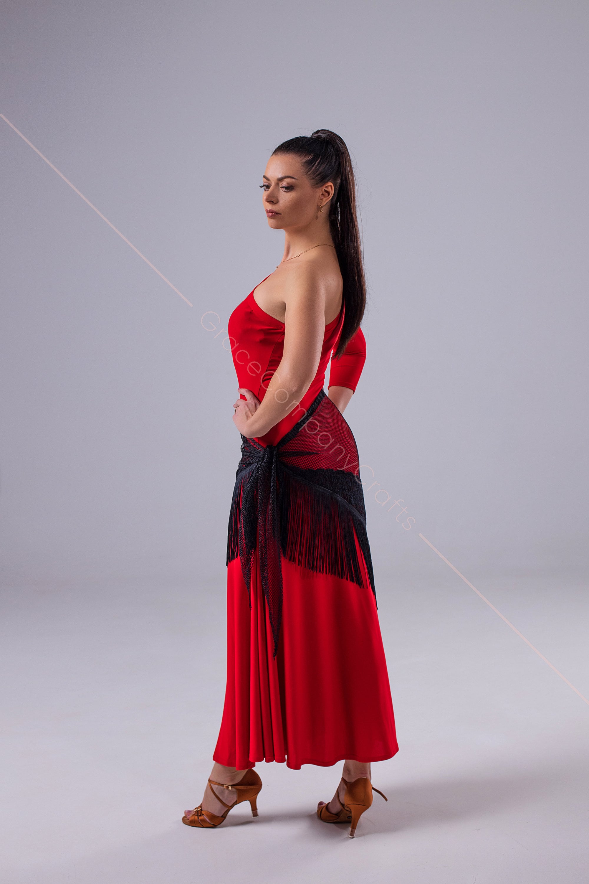 Red Tango Dress With a High Slit. One Shoulder Dance Dress
