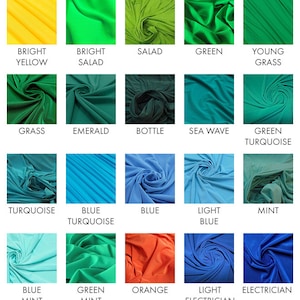 May include: A colour chart of fabric swatches showing different shades of green, blue, brown, yellow, orange, grey, and black.