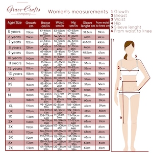 May include: A chart with measurements for women's clothing sizes. The chart includes measurements for growth, breast, waist, hip, sleeve length, and from waist to knee. The chart is in inches and centimeters.
