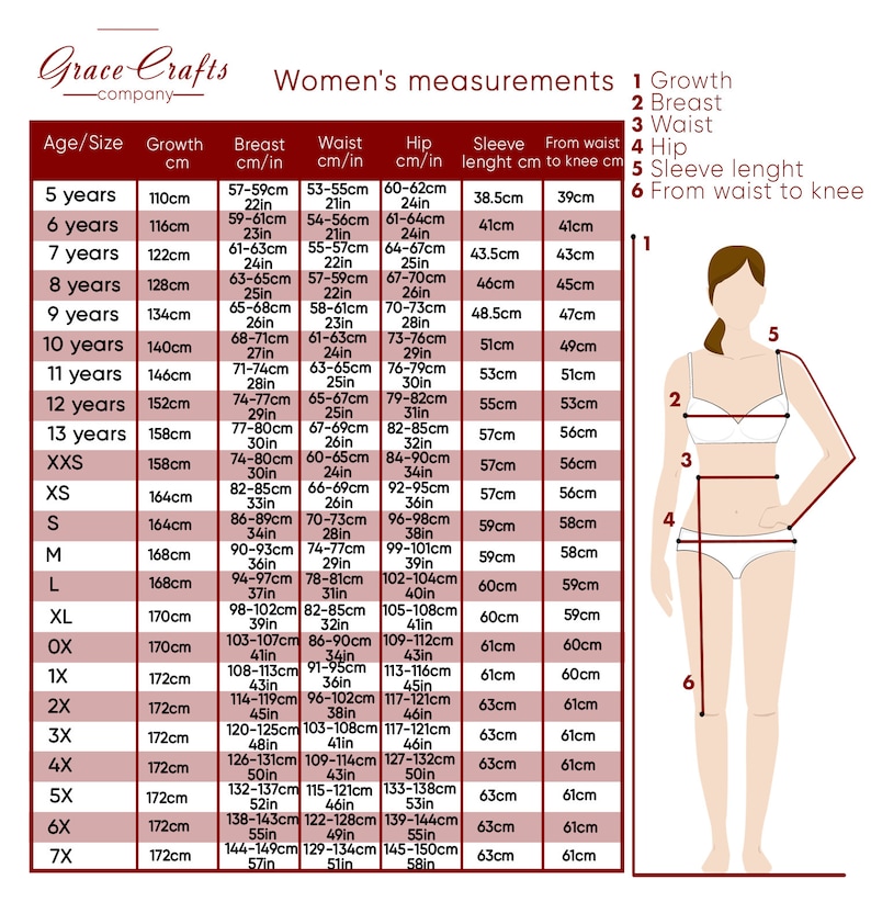 May include: A chart with measurements for women's clothing sizes. The chart includes measurements for growth, breast, waist, hip, sleeve length, and from waist to knee. The chart is in inches and centimeters.