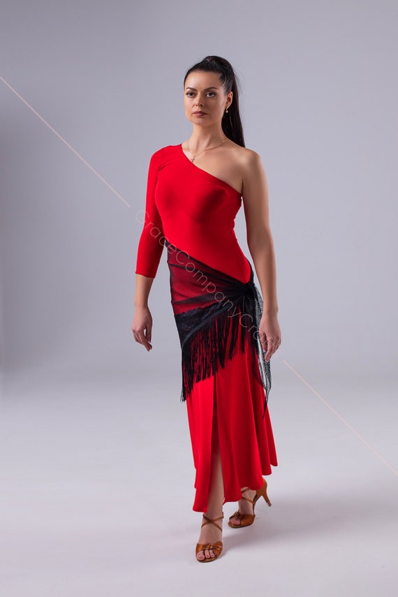 Red Tango Dress With a High Slit. One Shoulder Dance Dress. One Sleeve Dress  -  Canada