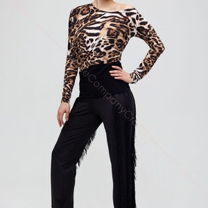 Black tango trousers with tiers of fringe at the sides. Elastic trousers image 4