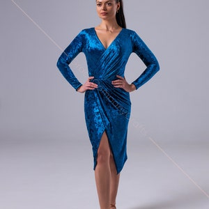 Blue velvet tango dress. Long Sleeve Velvet Wrap Dress
