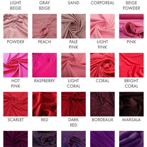 May include: A color chart of fabric swatches showing different shades of white, beige, pink, coral, red, purple, and lilac.