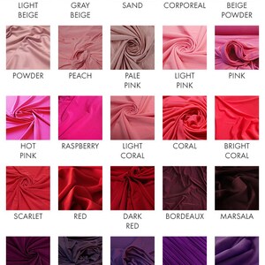 May include: A colour chart of fabric swatches showing different shades of white, beige, pink, coral, red, purple, and lilac.