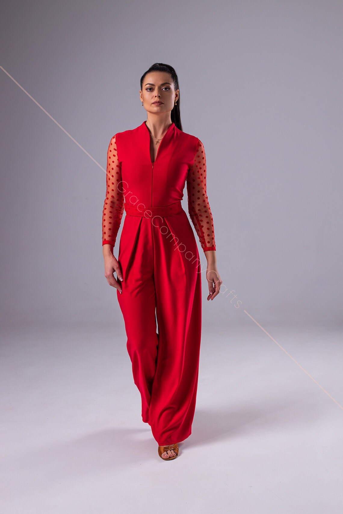 Red Jumpsuit for Ballroom Dancing. Long Sleeve Jumpsuit in Polka Dot ...
