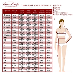 May include: A chart showing measurements for women's clothing sizes. The chart includes measurements for growth, bust, waist, hips, sleeve length, and from waist to knee. The chart is in inches and centimetres.