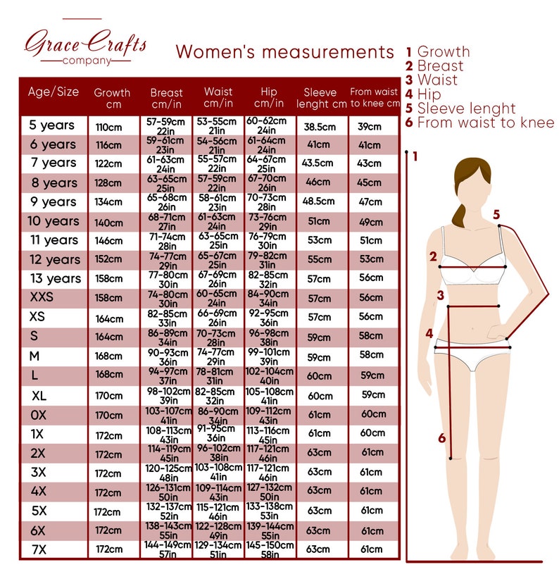 May include: A chart showing measurements for women's clothing sizes. The chart includes measurements for growth, bust, waist, hips, sleeve length, and from waist to knee. The chart is in inches and centimetres.