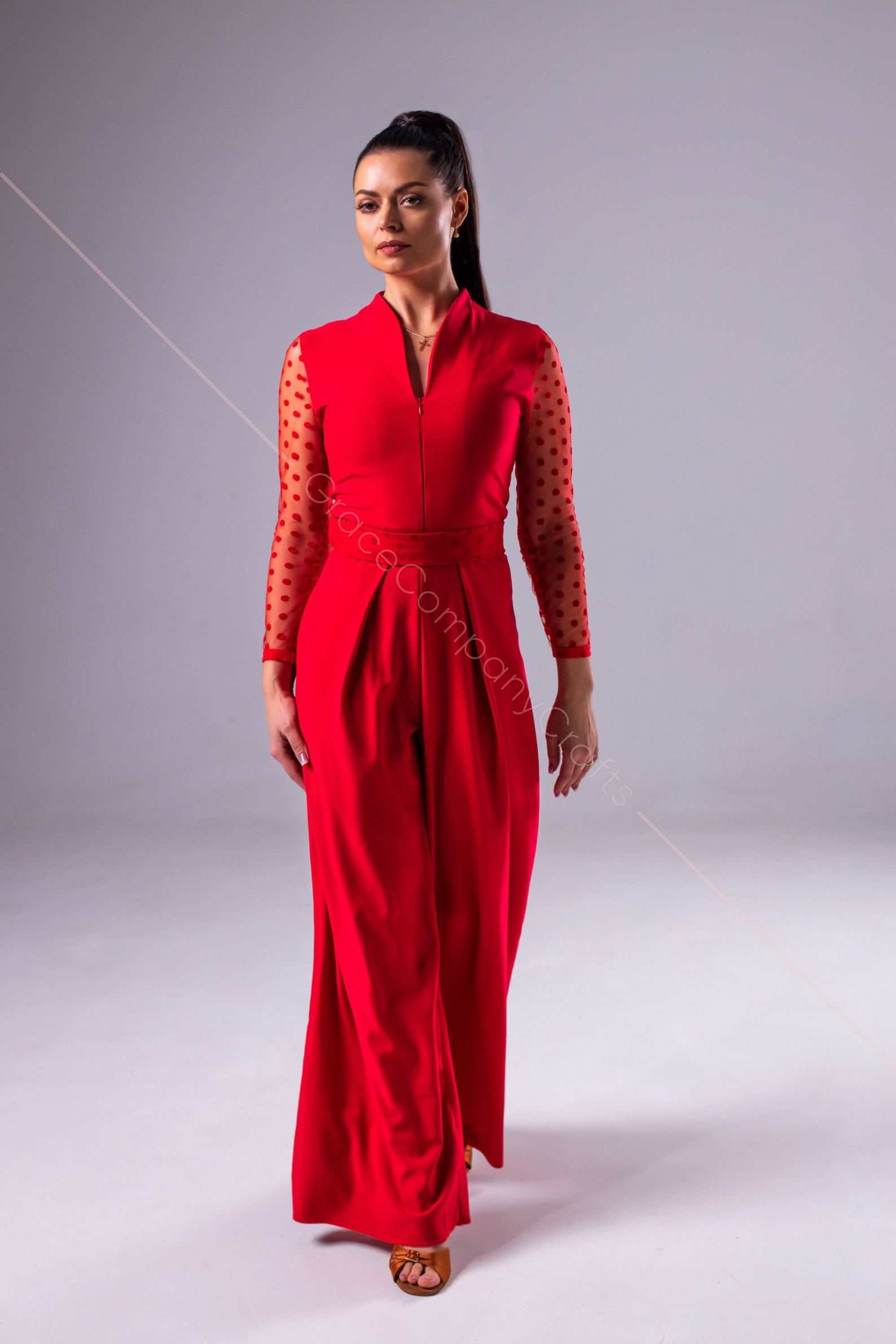 Red Jumpsuit for Ballroom Dancing. Long Sleeve Jumpsuit in Polka Dot ...