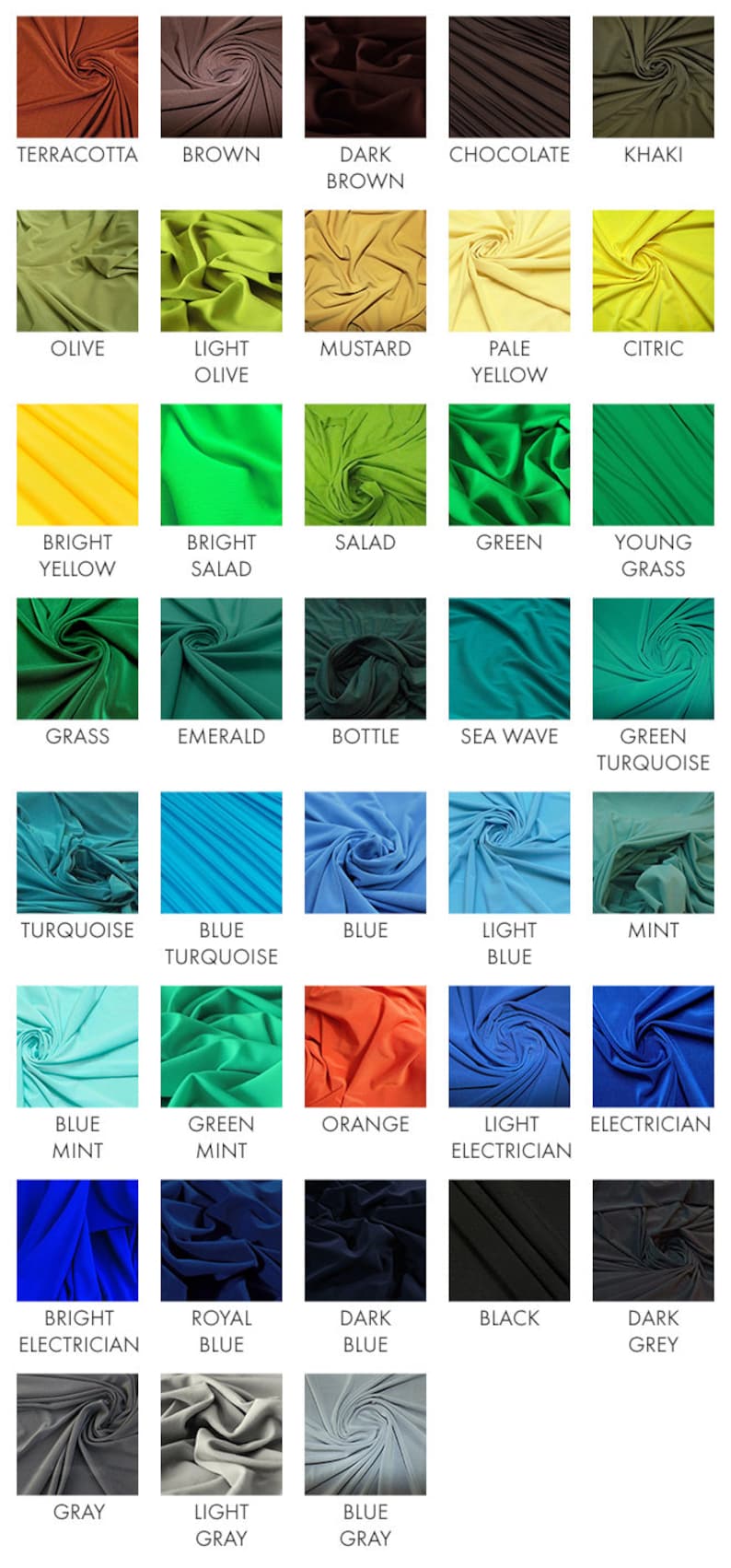 May include: A color chart of fabric swatches showing different shades of green, blue, brown, yellow, orange, gray, and black.