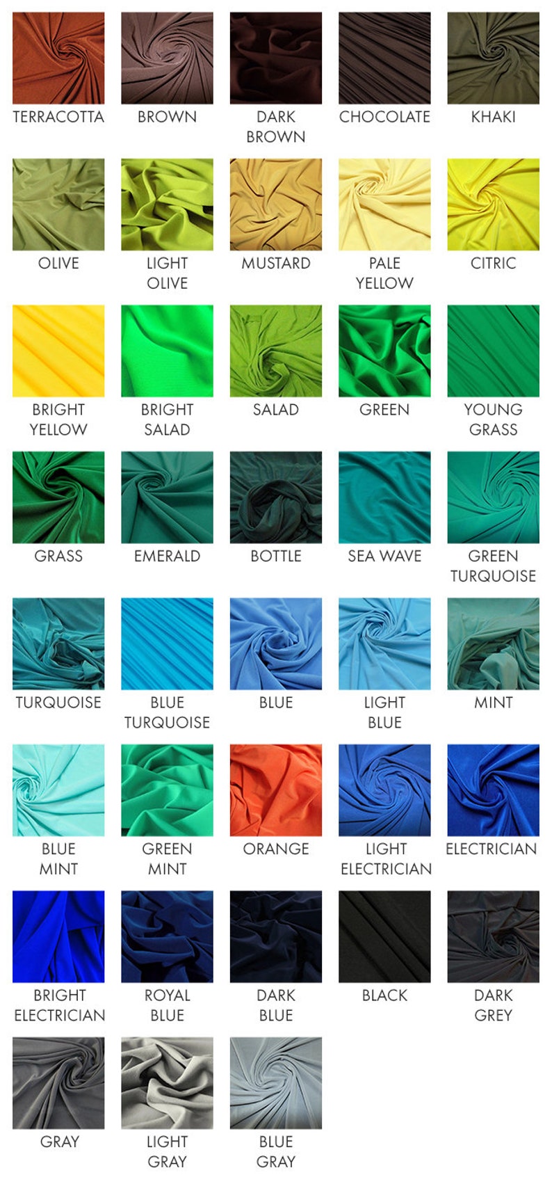 May include: A colour chart of fabric swatches showing different shades of green, blue, brown, yellow, orange, grey, and black.