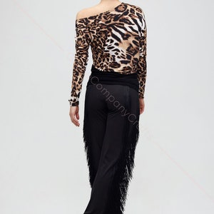 Black tango trousers with tiers of fringe at the sides. Elastic trousers image 5