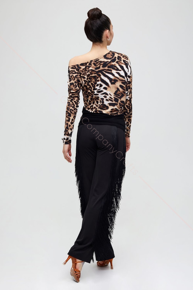 Black tango trousers with tiers of fringe at the sides. Elastic trousers image 5