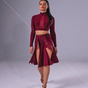 Dark red skirt for latin with six wedges. Fringed Dance Skirt image 7