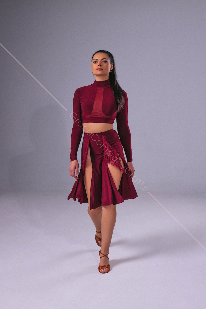 Dark red skirt for latin with six wedges. Fringed Dance Skirt image 7