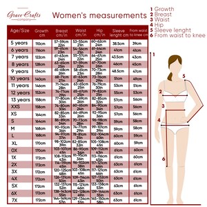 May include: A chart with measurements for women's clothing sizes. The chart includes measurements for growth, bust, waist, hip, sleeve length, and from waist to knee. The chart is in inches and centimetres.