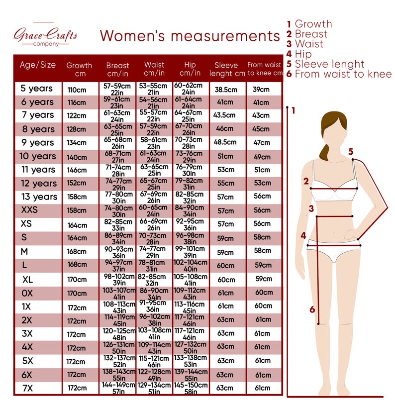 May include: A chart with measurements for women's clothing sizes. The chart includes measurements for growth, bust, waist, hip, sleeve length, and from waist to knee. The chart is in inches and centimetres.