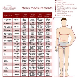 May include: A chart showing men's measurements in inches and centimeters for different ages and sizes. The chart includes measurements for growth, chest, waist, hip, and sleeve length.