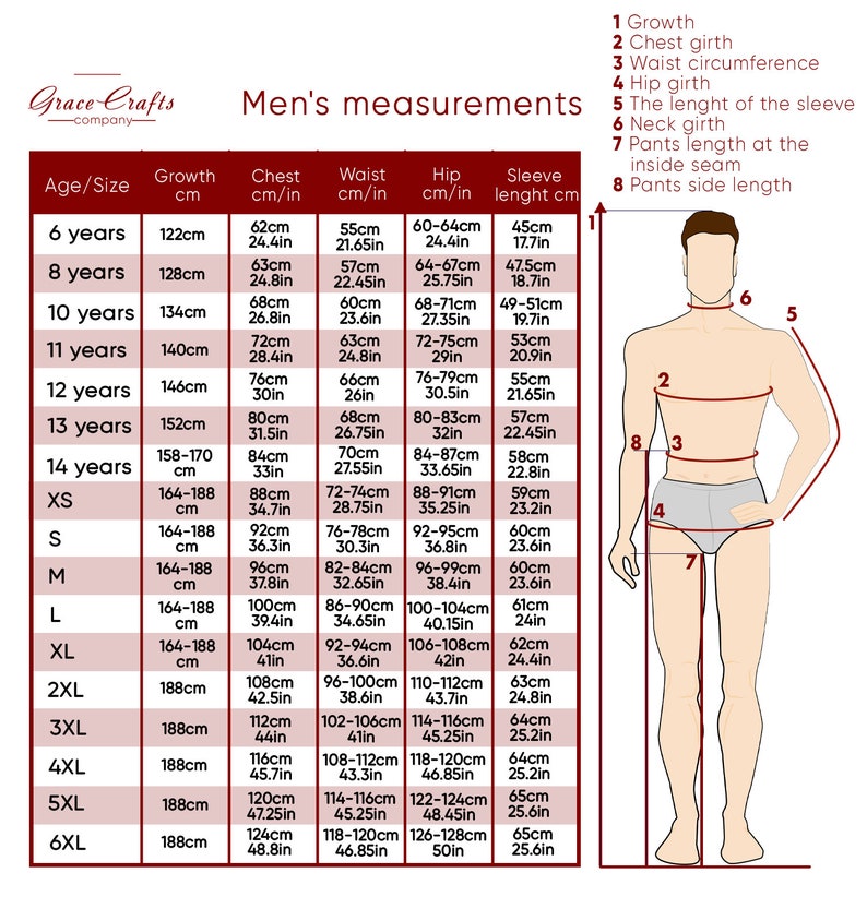 May include: A chart showing men's measurements in inches and centimeters for different ages and sizes. The chart includes measurements for growth, chest, waist, hip, and sleeve length.