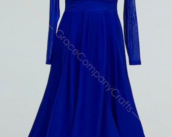 Blue Ballroom Gown with Sleeves for Dance Performances