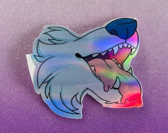 May include: A holographic sticker of a wolf's head with its mouth open, showing its teeth and tongue. The tongue is iridescent and dripping with a red substance.