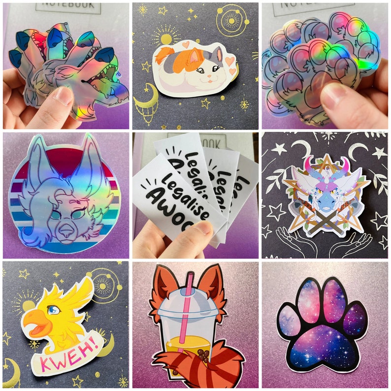 May include: A collection of colorful stickers featuring various designs, including a wolf, a cat, a paw print, a dragon, a bird, and a drink. The stickers are holographic and have a rainbow sheen. Some stickers have text, including "Legalise Awoo" and "Kweh!"