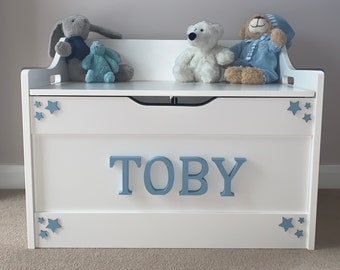 Soft close personalised white wooden toy box Perfect for storing birthday or Christmas presents and other toys!