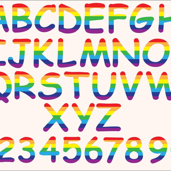 Regenbogen-Schrift Art SVG, Regenbogen Buchstaben und Zahlen, Stolz Schrift Svg, Regenbogen-Alphabet, digitale Datei