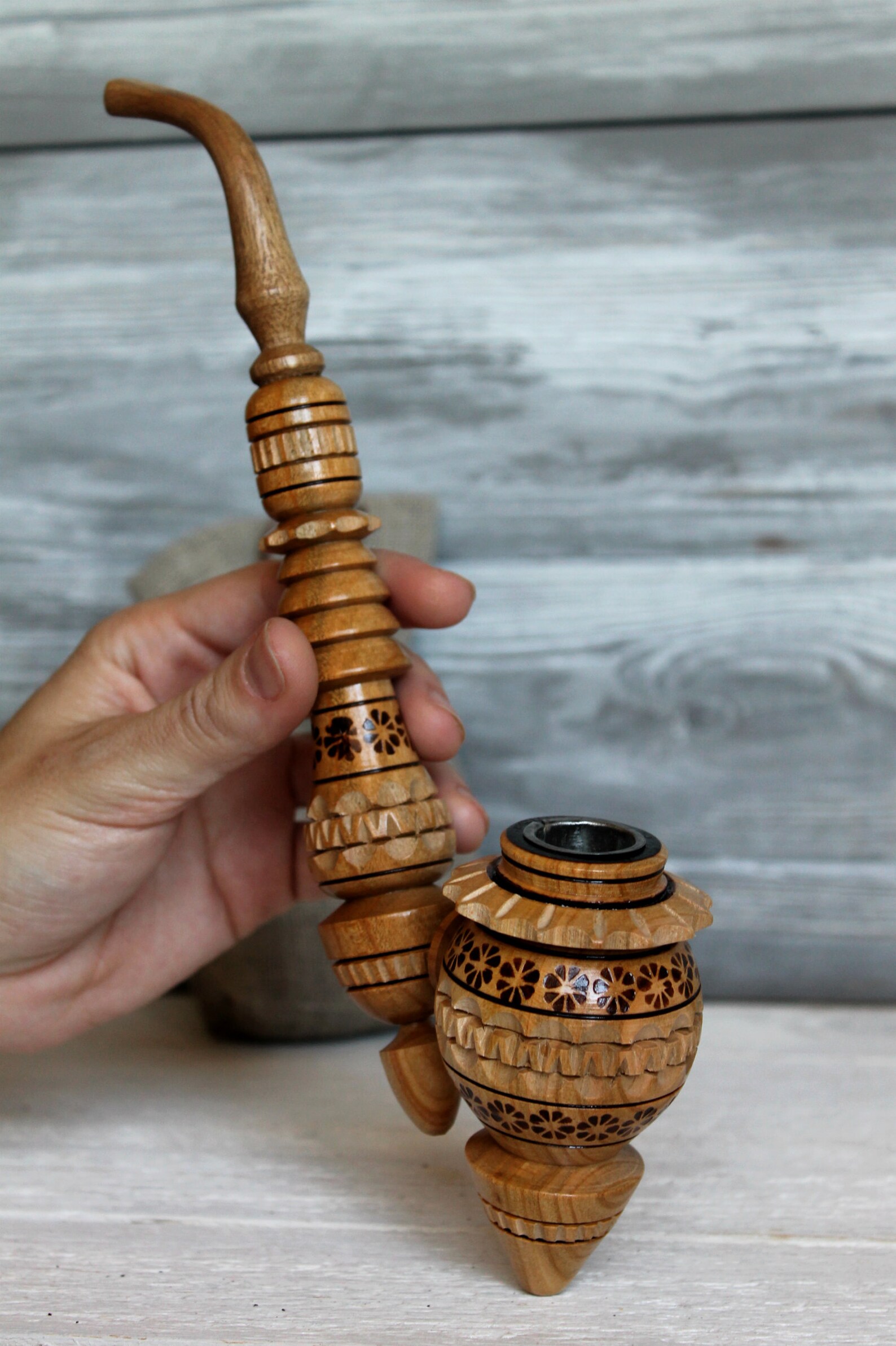 Wood Smoking Pipe Metal Bowl Pipe For Tobacco Hand Carved Etsy