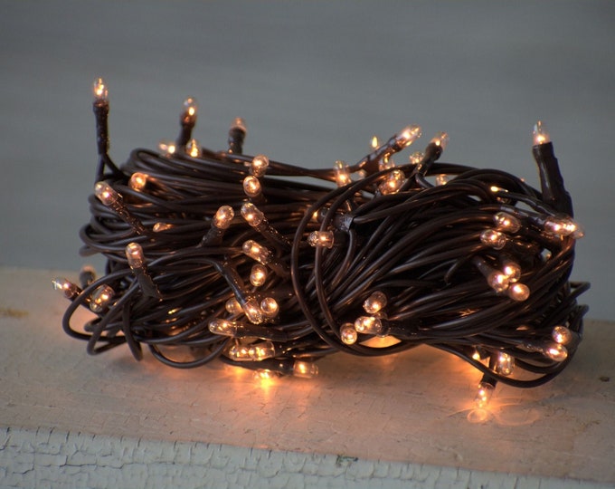 100 Primitive Teeny White Lights on 19.5 Ft Brown Cord, Indoor Use, for ...