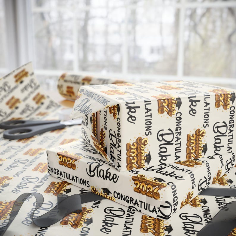 Graduation Black Cap Class of 2026 Personalized Wrapping Paper ...