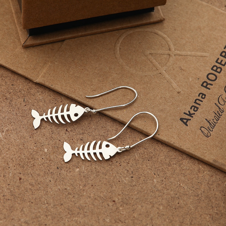 Fish Bone Silver Earrings Fish Bone Shaped Earrings Fish Bone Charm Dangle Earrings Bone Jewelry Mermaid Earrings