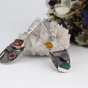 Handgefertigte Sterling Silber Ohrringe mit Chrysokoll, Jaspis und Achat - Handgemachter Statement Schmuck - Bunte Edelstein Ohrringe