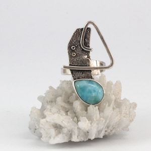 Unique Larimar oxidized silver ring Handmade silver ring with gem Adjustable statement ring Artisan 925 silver ring Silversmith OOAK ring