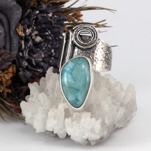 Unique Silversmith Sterling Silver Ring with Larimar - Handcrafted Statement 925 Silver Jewelry - Textured Oxidized Design
