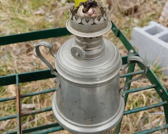 Antique international pewter 2 handle railroad desktop oil lamp eagle