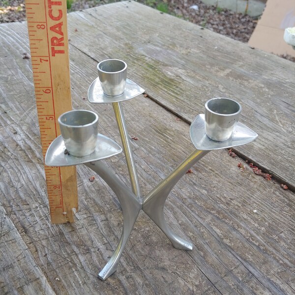 Pewter Candleholder Trio Candelabra by Brodrene Mylius Norge Norway MCM 60s Danish mod decor