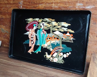 Vintage Mid Century Completed Paint By Number Tole Craft Tray Geishas Japan Scene large 12x18"