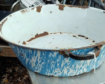 Vintage Large Chippy Blue & White Graniteware Enamel Basin / Farm House Speckled Enamel Sink / Marbled Country Bathroom Decor 20" free ship