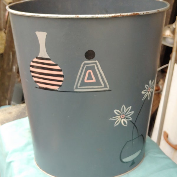 Vintage Metal Waste Basket Toleware Hand Painted MCM 60s decor genuine ransburg co Indiana usa made free shipping