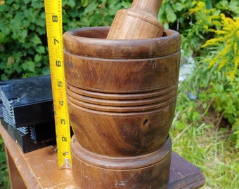 Large 18TH CENTURY lignum vitae mortar and PESTLE one hand carved solid block of wood