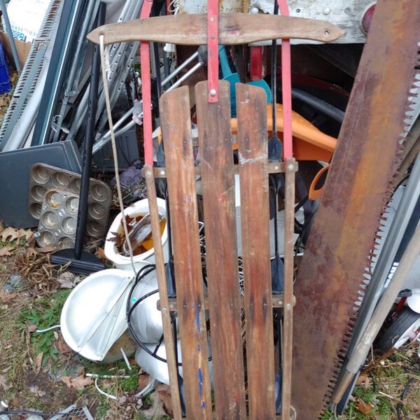 vintage wooden sled- flexible flyer metal sled 1940s home decor antique wooden sled Christmas decor porch decor long large size 5 foot