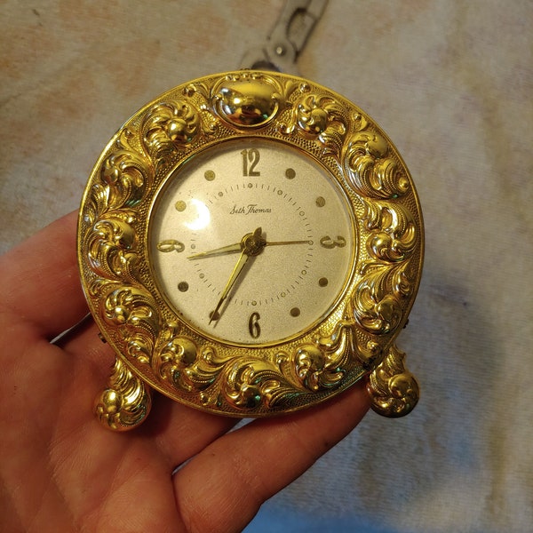 Vintage Seth Thomas Germany Romance Repoussé Gold Plate Case Wind-up Alarm Clock