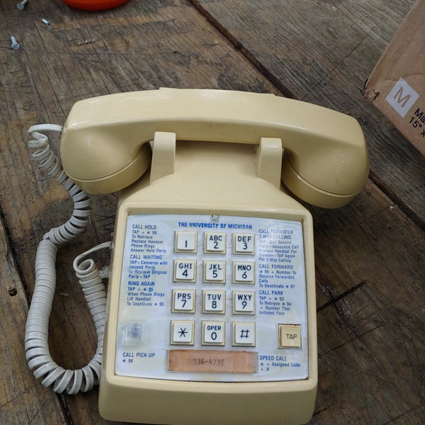 Vintage telephone push button phone mid century 1970s yellow color desk mount telephone mad men retro university of Michigan