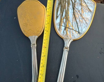 Beautiful Vintage mid century Gold Ormolu Japanese Flower floral mirror Vanity Set Hand Brush silver handles