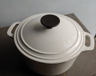 Vintage 8" French cast iron enamel dutch oven pot with lid white color free shipping